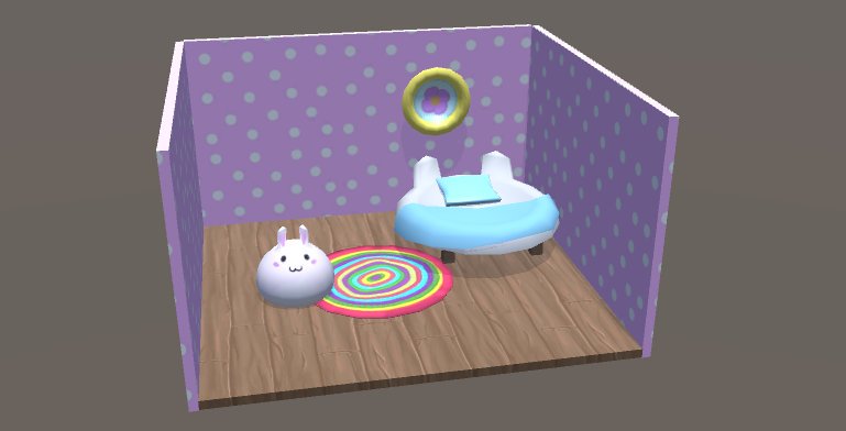 a little room with a blob that looks like a bunny. there is a round bed and a colorful carpet